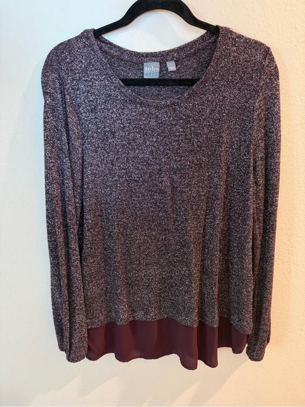 Soho Burgundy & Gray Speckled Long Sleeve Top W/Dark Burgundy Hem, Size L